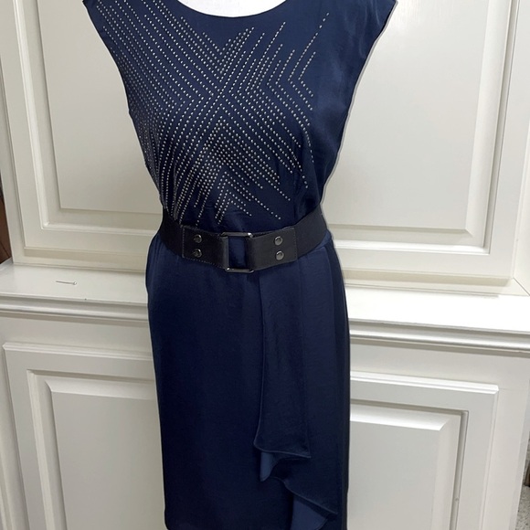 Limited Edition 2010 BCBGMaxAzria Runway Studded Navy Belted Sheath Asymmetrical - Picture 4 of 15